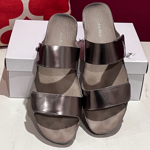 Calvin Klein Mirror Metallic Pewter Women's Sandals - Picture 2 of 9